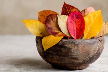 Rustic wooden bowl filled with colorful autumn leaves
