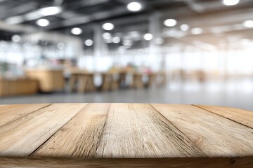 Empty wooden table in modern bright indoor cafe setting