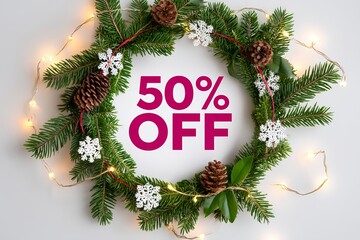 Festive holiday wreath with pinecones and snowflakes featuring 50% discount message