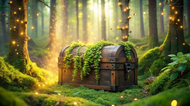 Old wooden treasure chest resting in an enchanting mossy forest with sparkling golden light for fantasy adventure concept and hidden potential