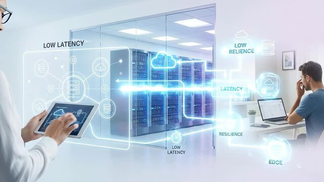Woman and man managing low latency networks. Professionals interacting with digital interfaces in server room. Ai assisted cloud and quantum data management for resilient connectivity. video footage
