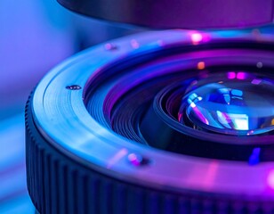 Intricate Lens Illumination: A close-up view unveils the intricate inner workings of a precision lens, bathed in the soft glow of color lighting. 