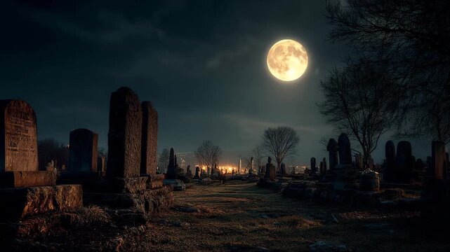 A cemetery with a full moon illuminating the gravestones and surroundings A moonlit graveyard with leaning tombstones