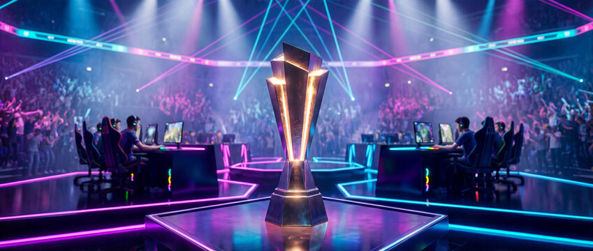 Glowing esports winner trophy standing on stage of neon lit arena for computer video game tournament with two competing teams, crowd cheering in laser lights and mist. Panoramic banner, copy space
