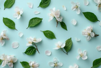 Seamless Spring Pattern with White Apple Blossoms and Green Leaves on a Light Blue Background

