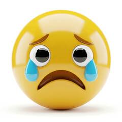 A glossy 3D rendered crying face emoji, capturing the universal feeling of sadness and emotional distress with teardrops and a downturned mouth, isolated on a clean white background