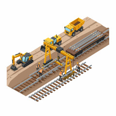 Isometric Detailed Railway Construction Process With Heavy Equipment and Workers Illustration © Khusnul