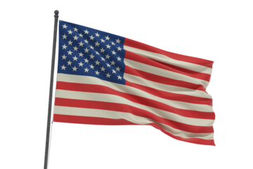 American flag waving in patriotic style with red white and blue colors in soft natural lighting on transparent background for independence day