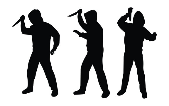 Criminal silhouettes set with men holding weapons in dark hooded hoodies person