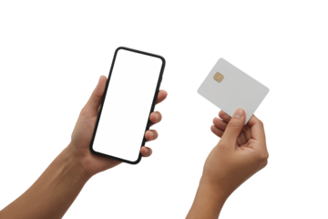 Hands holding credit card and smartphone with blank screen in modern minimalist style with soft natural lighting for e-commerce