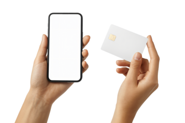 Hands holding smartphone with blank screen and credit card in modern minimalist style with soft natural lighting on isolated white background for mobile payment