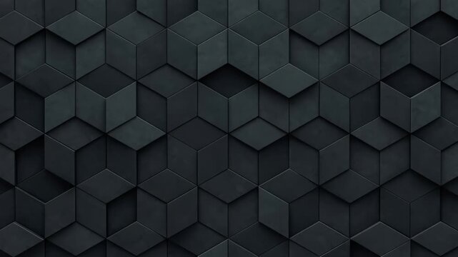 Abstract geometric pattern of dark charcoal hexagons and cubes pushing out and retracting in dynamic motion