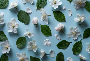 Seamless Spring Pattern with White Apple Blossoms and Green Leaves on a Light Blue Background

