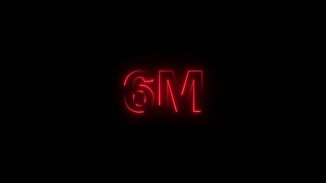 6m one million neon glowing text animation on black background, 6 Million achievement for social media videos animation.4k motion graphics video