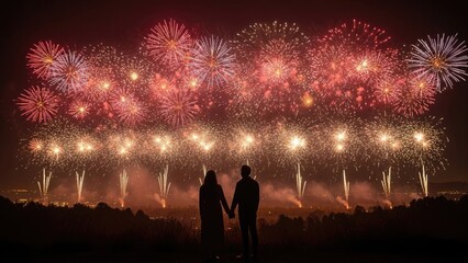 Couple watching vibrant red and gold fireworks display