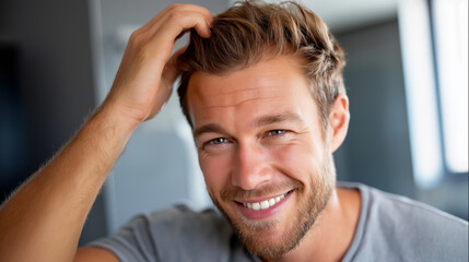 Smiling man combing hair, front of mirror, daily grooming routine, bedroom setting, personal care, styling practice, with copy space