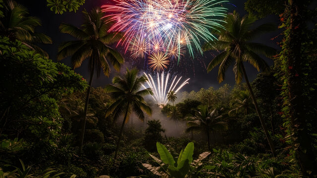 Tropical night sky with fireworks
