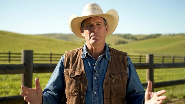 A man in a cowboy hat and vest speaks outside on a sunny day. Fields and fence in the background