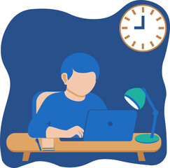 Evening work illustration. Flat vector illustration of a person working in the evening on remote tasks