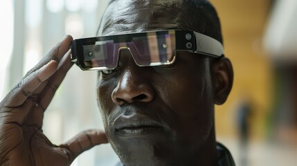 Senior man exploring futuristic smart glasses technology