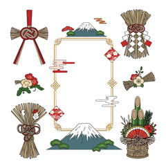 A vibrant collection of traditional Japanese New Year celebration elements, symbolizing prosperity and good fortune, perfect for festive seasonal designs and cultural greetings