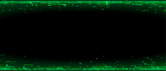 Green dynamic glitch effect on black screen for digital technology background. Data stream and computer hacker concept. Creative neon texture.