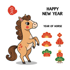 Adorable cartoon horse illustration celebrating the Lunar New Year with traditional cultural symbols and festive greetings, perfect for seasonal designs