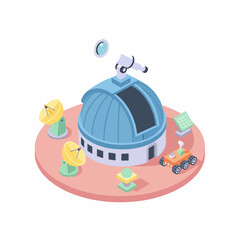 Fototapeta premium Isometric Detailed Observatory Dome Telescope and Satellite Dish Science Illustration