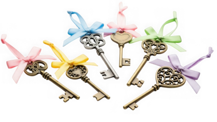 Colorful decorative keys with ribbons isolated on transparent background