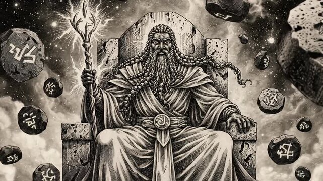 Ancient Bearded King Seated on Stone Throne Surrounded by Floating Runestones Under Starry Sky With Lightning Staff