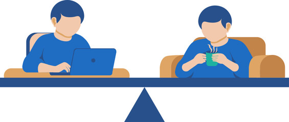 Work-life balance illustration. Flat vector illustration showing balance between work and rest for remote workers