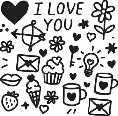 Love Doodles Collection with Hearts and Cupcakes