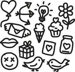Whimsical Line Art Icons Set with Hearts and Birds