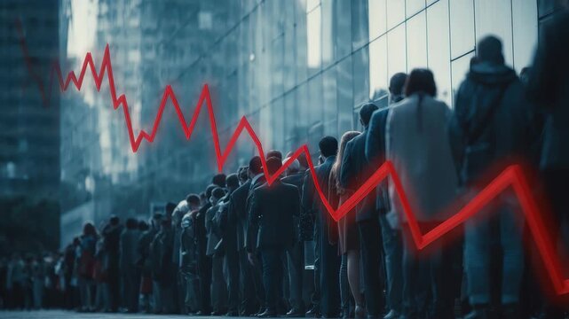 Long queues of unemployed workers waiting to apply for jobs during an economic downturn marked by significant layoffs and rising unemployment rates