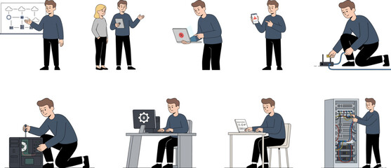 IT specialist technician working with computer server and network hardware