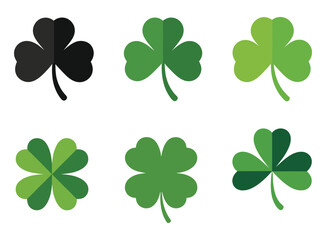 A collection of six stylized shamrocks and four-leaf clovers in various shades of green and one black, depicted as flat vector illustrations.