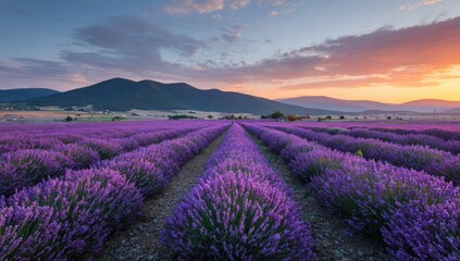 Fototapeta premium Rows of vibrant purple lavender fields under a colorful sunset sky.