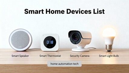 Simple infographic showing smart home devices list, clean layout, SEO keywords home automation tech