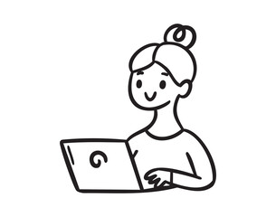 Girl at computer studying, doodle character for online class and homework, hand drawn Monochrome line art outline, clean contour style, hand drawn.