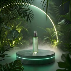 Green cosmetic bottle on a modern podium in a mystical jungle setting with neon light