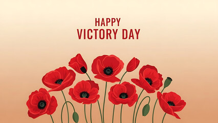 Happy Victory Day with red poppies on orange background