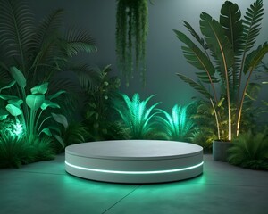A modern circular podium with neon green lighting surrounded by tropical plants