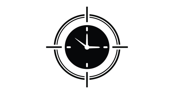 A striking black and white image depicts a clock face within a target or crosshair design
