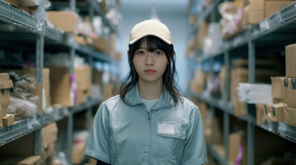 A young worker is positioned in a storage area filled with boxes. She wears a uniform and a cap. The shelves hold various items indicating an active work environment.