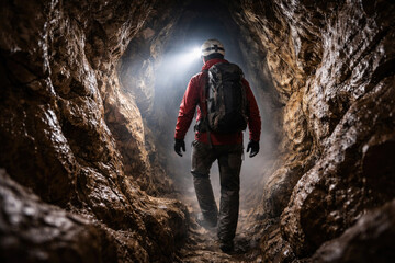 A speleologist with a backpack walks through the cave to the light.