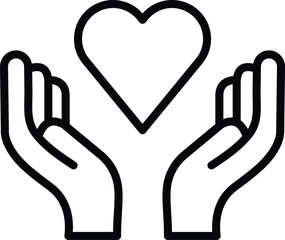 Line art icon of two hands holding a heart symbol for charity support and care concept