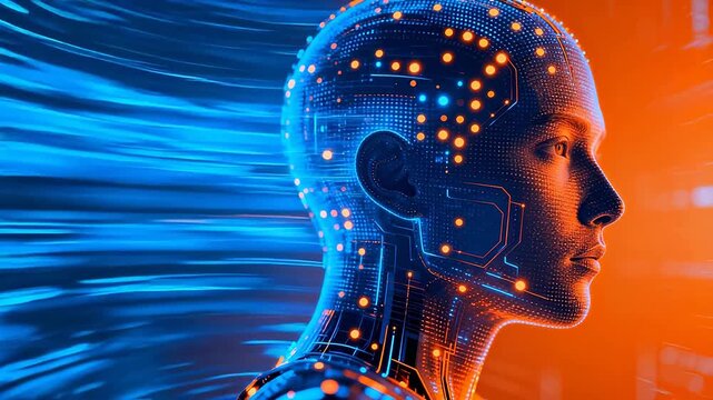 Cybernetic human head with glowing circuits