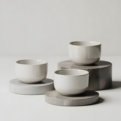A minimalist arrangement of three ceramic bowls on concrete stands against a light gray background