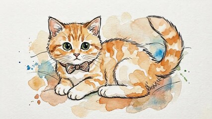 Orange tabby kitten with bow tie lounging in watercolor style. Cute animated pet illustration sequence showing subtle pose. Adorable animal character for digital animations and greeting card designs.