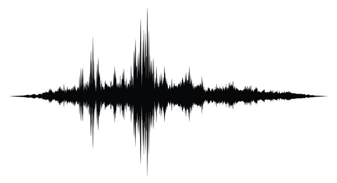 A striking black and white waveform illustration depicting sound or signal patterns with sharp peaks and valleys